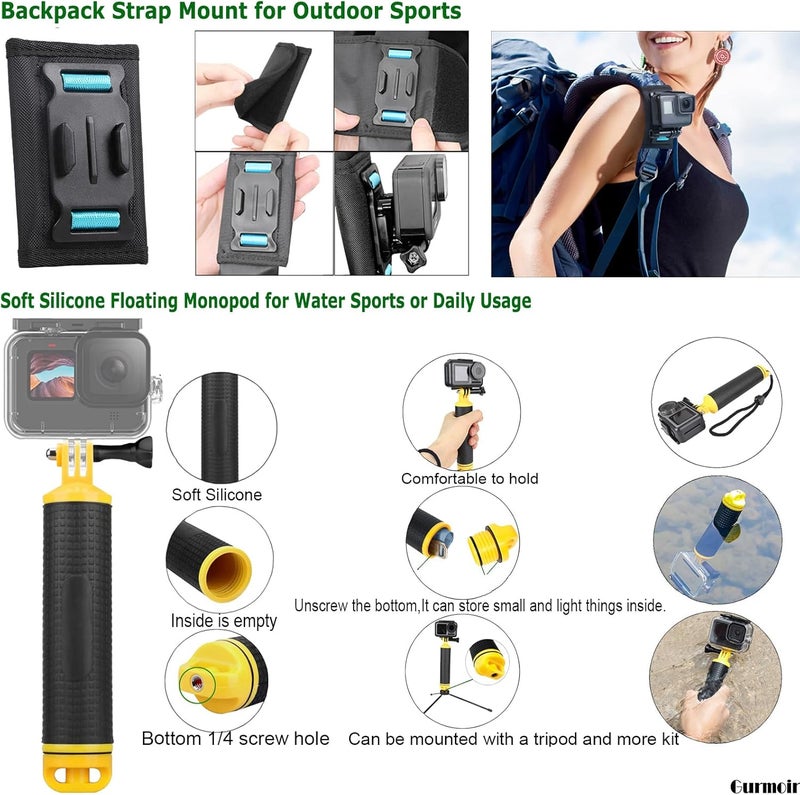 Gurmoir Accessory Kit for Gopro Hero 13 12 11 10 9 Camera, Essential Accessories Kit with Waterproof Case Backpack Strap Floating Grip Bundle Pack for Gopro 13 12 11 10 9 Camera(DT16) - Image 3
